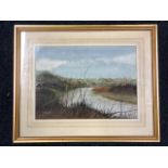 HD Manuel, watercolour, river in a wooded autumnal landscape, titled Backwater on verso, signed,