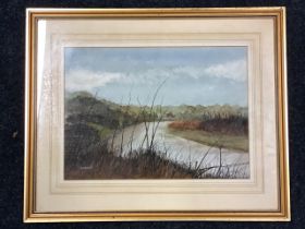 HD Manuel, watercolour, river in a wooded autumnal landscape, titled Backwater on verso, signed,