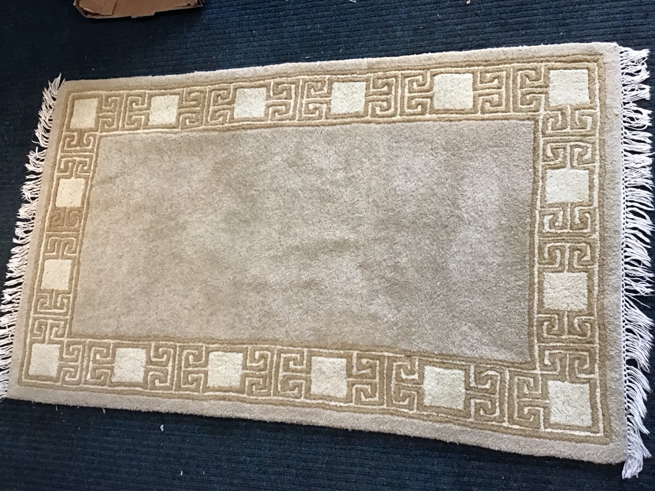 A Chinese wool rug with an ecru field within greek key and panel borders. (59.5in x 36in)