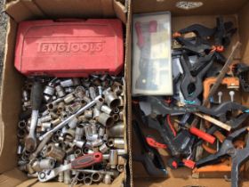 A socket set and a large quantity of loose sockets, wrenches, etc; and a box of miscellaneous