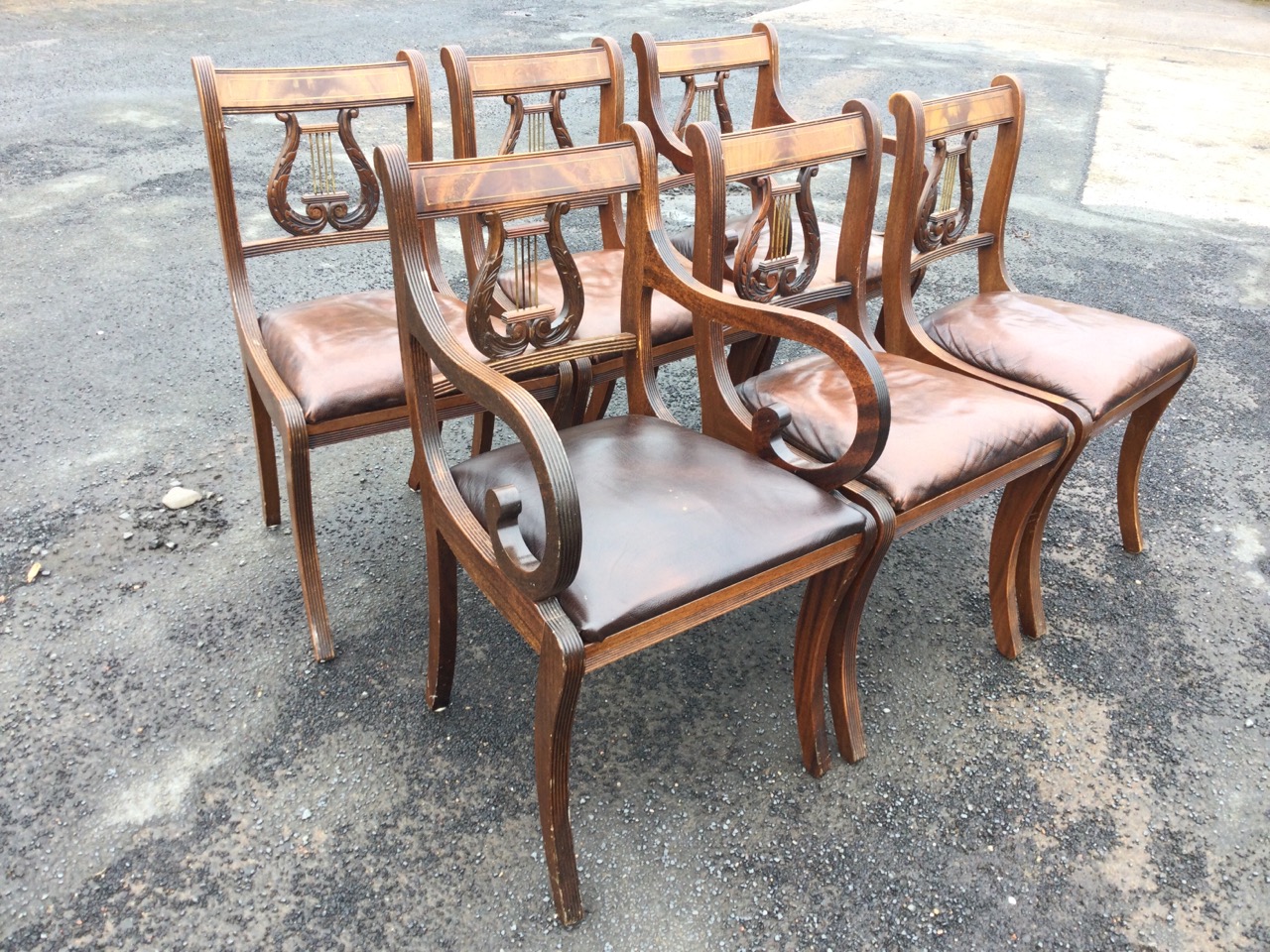 A set of six regency style mahogany dining chairs with lyre backs framed by reeded frames above - Image 3 of 3