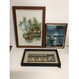 Rahmat, oil on canvas, tropical coastal village with palm trees and a boat, signed & framed; oil