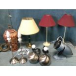 A deco Gnome magnifying slide lamp on adjustable cast stand; a pair of painted metal column