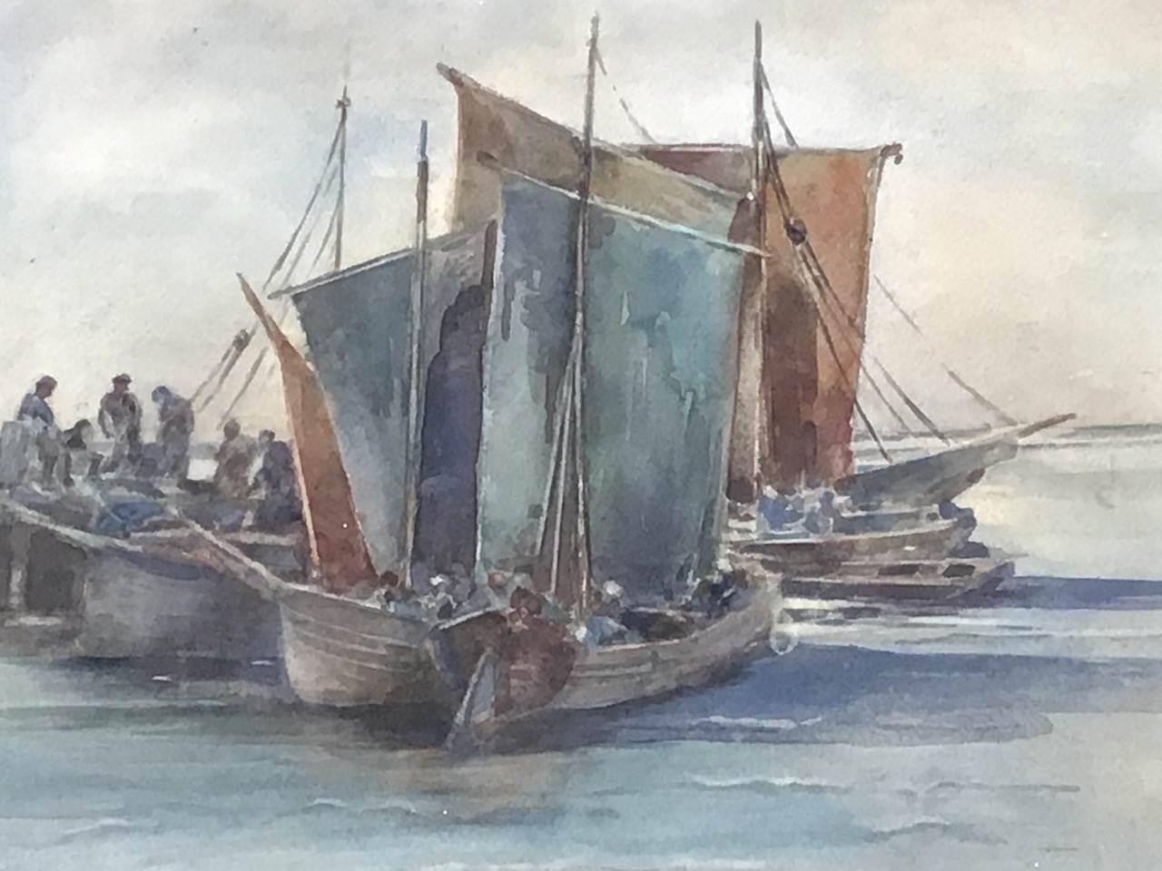 Late Victorian watercolour, figures and sailing boats at quayside, signed indistinctly Han C - Image 2 of 3