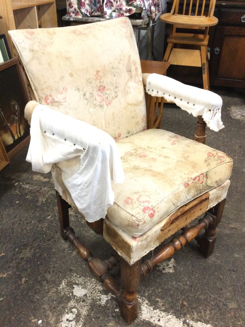 An Edwardian oak carolean style upholstered armchair, the seat with loose cushion flanked by - Image 3 of 3