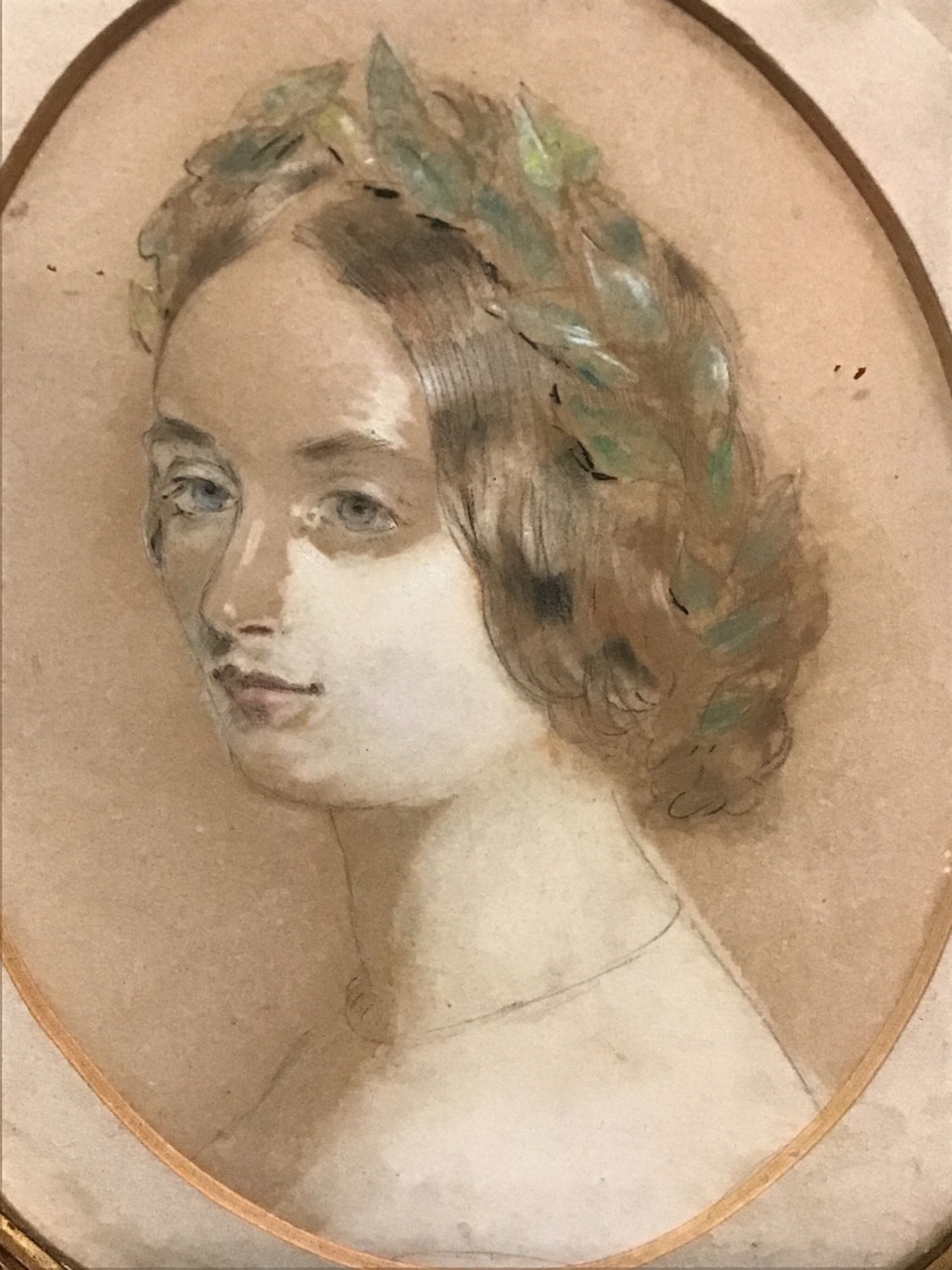 A mid-Victorian oval watercolour bust portrait of a young lady wearing a laurel wreath, mounted, - Image 2 of 3