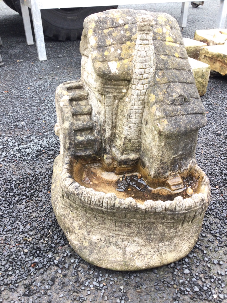 A composition stone model mill with chimney, wheel and millpond; and a circular faux stone moulded - Image 3 of 3