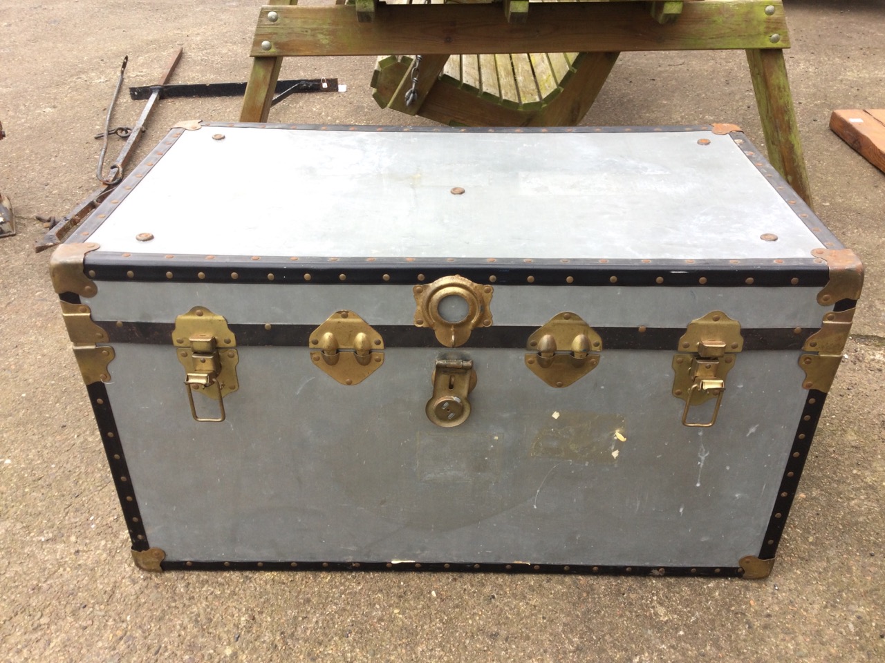 A rectangular galvanised style trunk with studded mounts and strap handles to ends, having tartan - Image 3 of 3