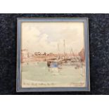 Samuel Lamorna Birch, pen & ink watercolour wash, boats by quayside on harbour, signed & inscribed