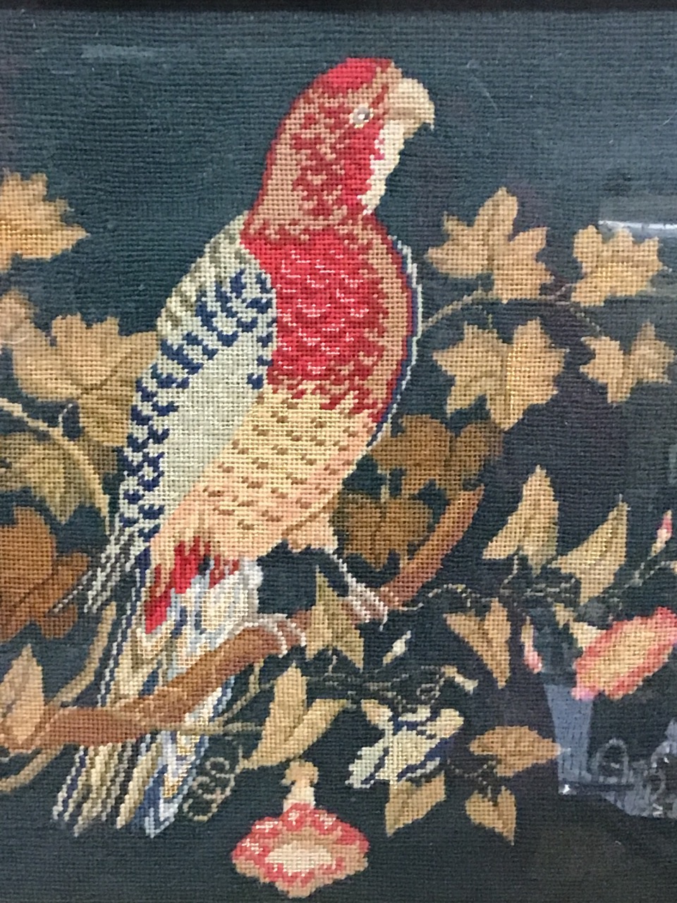 A gilt framed Victorian woolwork tapestry of a hawk perched on a branch - 9.25in x 9.5in; a gilt - Image 2 of 3