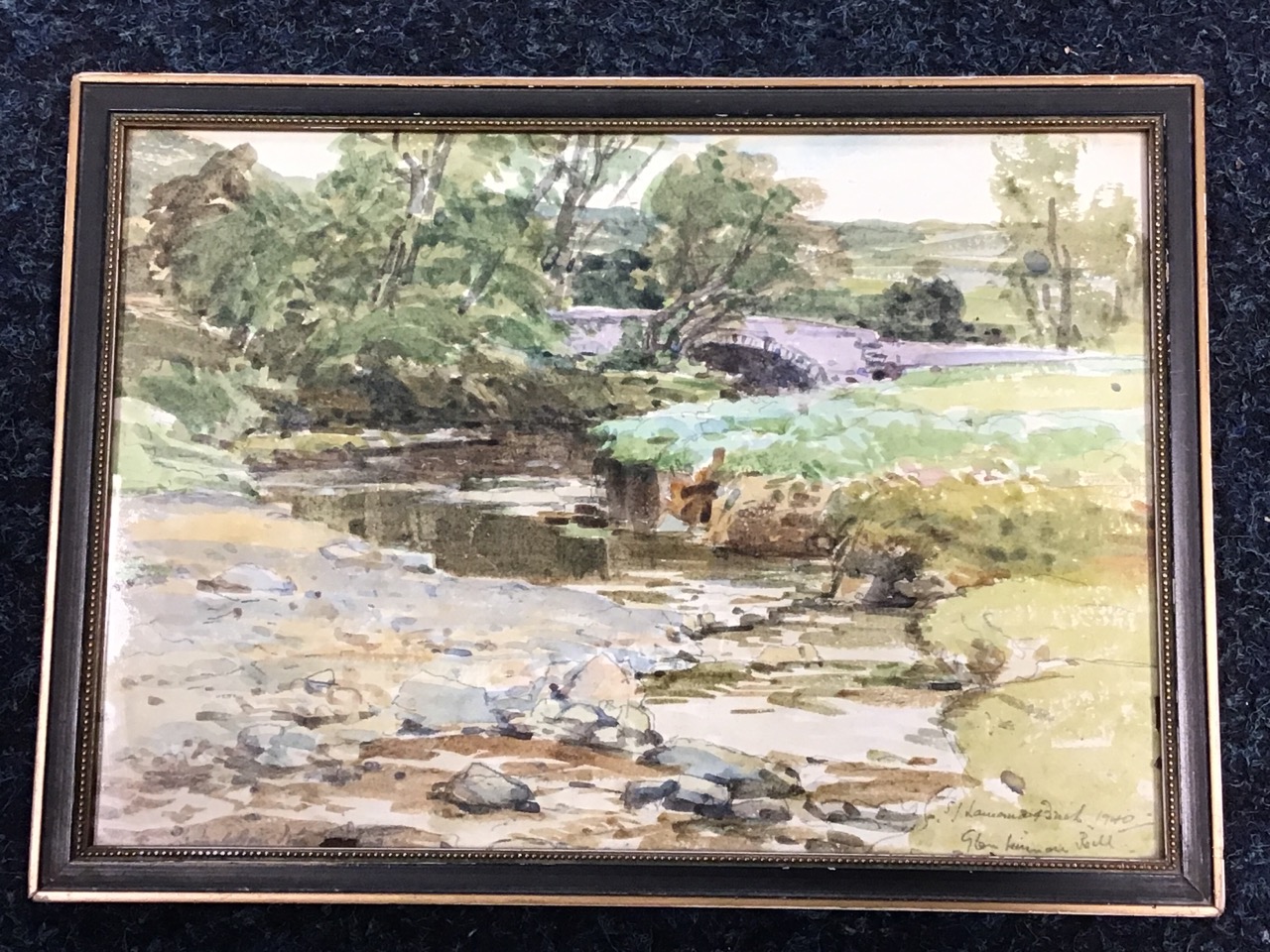 Samuel Lamorna Birch, watercolour, river landscape with stone bridge, inscribed, signed & dated