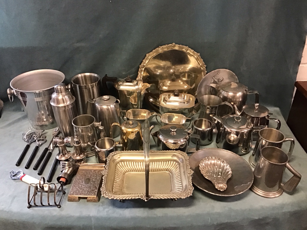 Miscellaneous metalware - a deco silver plated four-piece teaset, a circular gadrooned salver, a