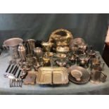Miscellaneous metalware - a deco silver plated four-piece teaset, a circular gadrooned salver, a