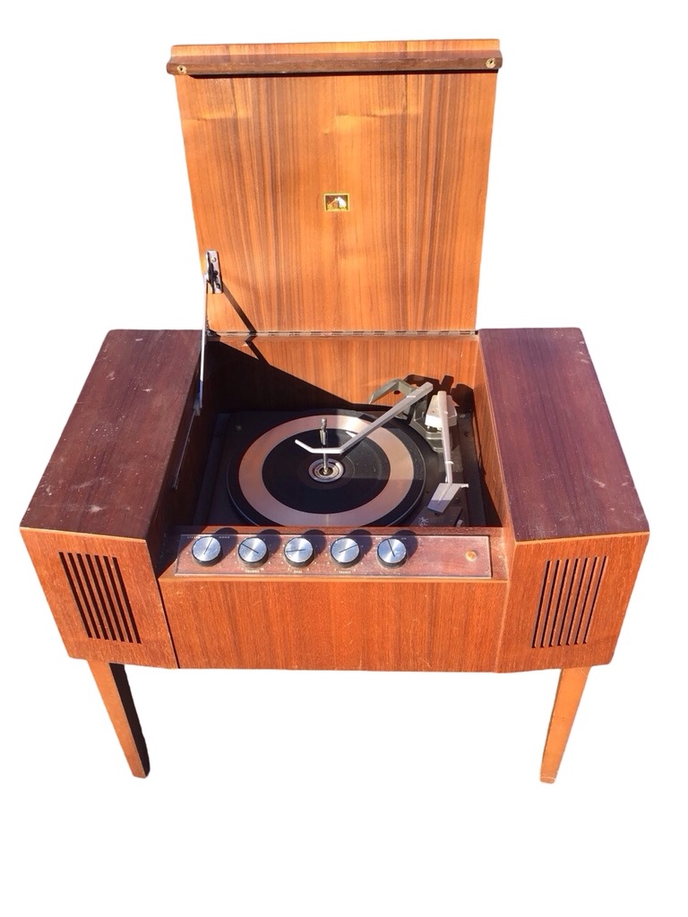 A 60s mahogany HMV stereo record player with perspex control panel and brushed aluminium knobs
