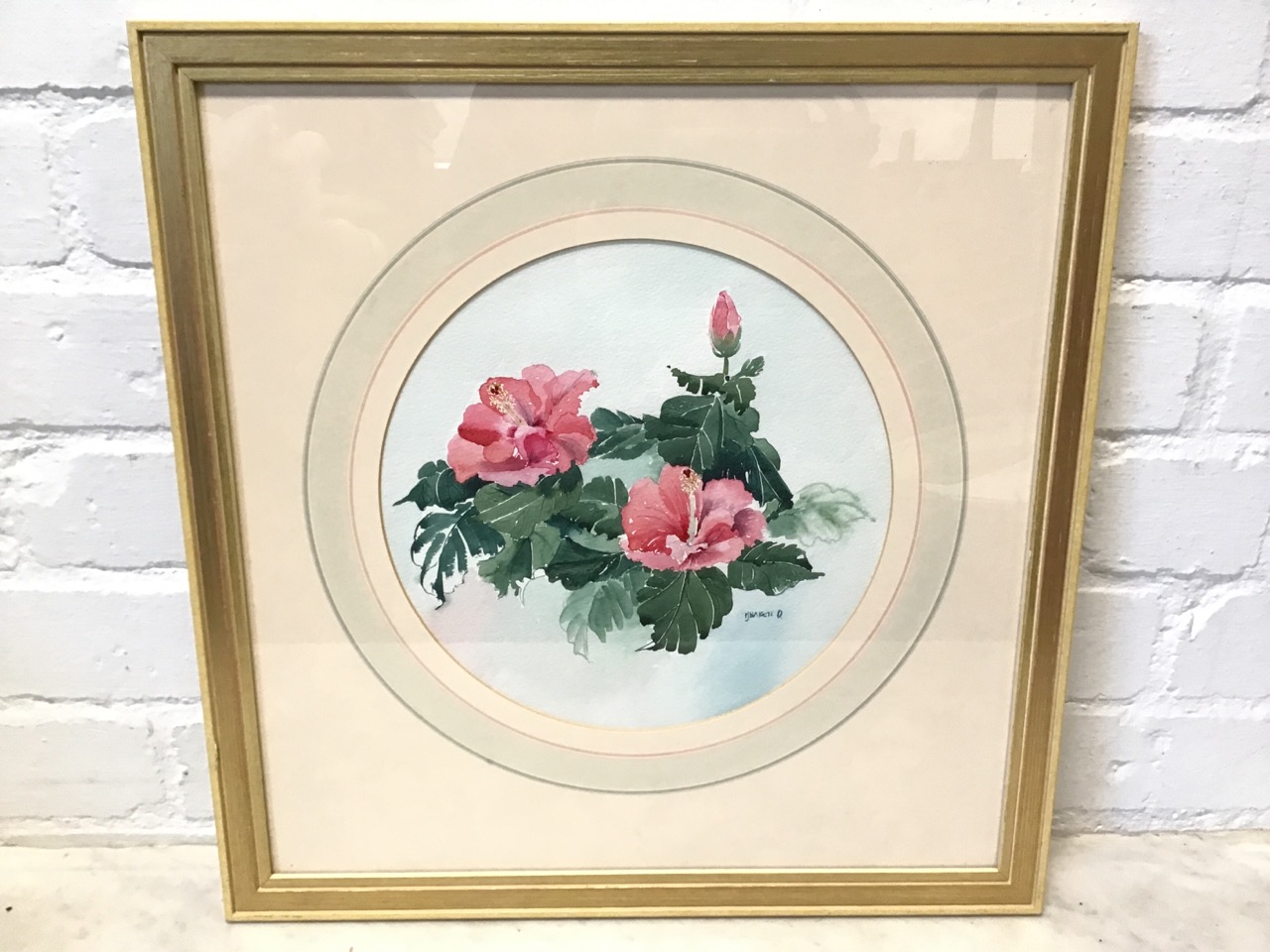 J Baker, watercolour, circular study of flowers, signed, mounted and gilt framed. (10.5in dia)
