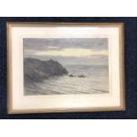 CB Philips, watercolour, calm seascape with rocky headland at dawn, signed & dated, mounted &