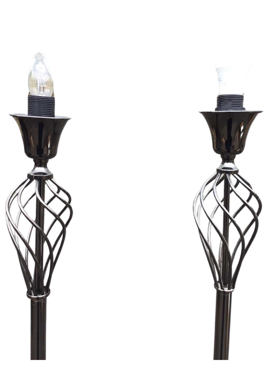 A set of three contemporary chromed standard lamps, the bell shaped fittings above spiral twisted - Image 2 of 3