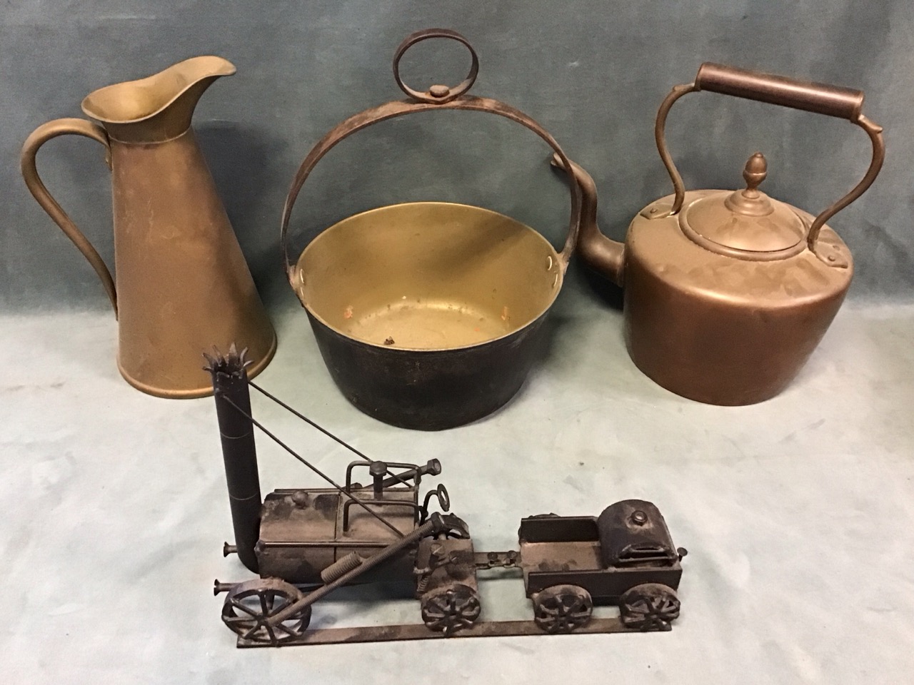 Miscellaneous metalware - a Victorian copper kettle with swan-neck handle, a brass ewer, a brass jam - Image 2 of 3