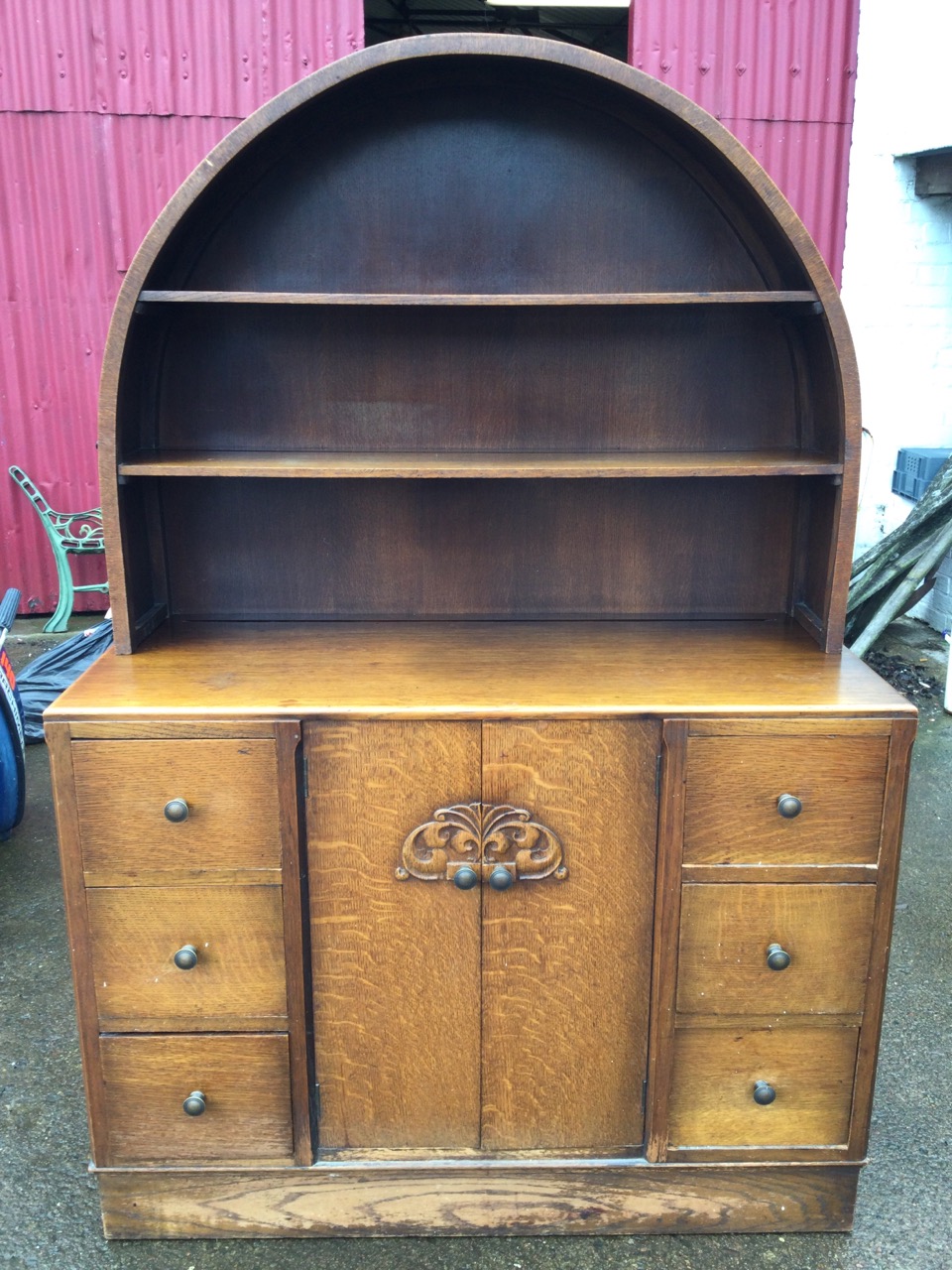 A 30s oak dresser with arched back having open shelves above a base with six small drawers framing - Image 2 of 3