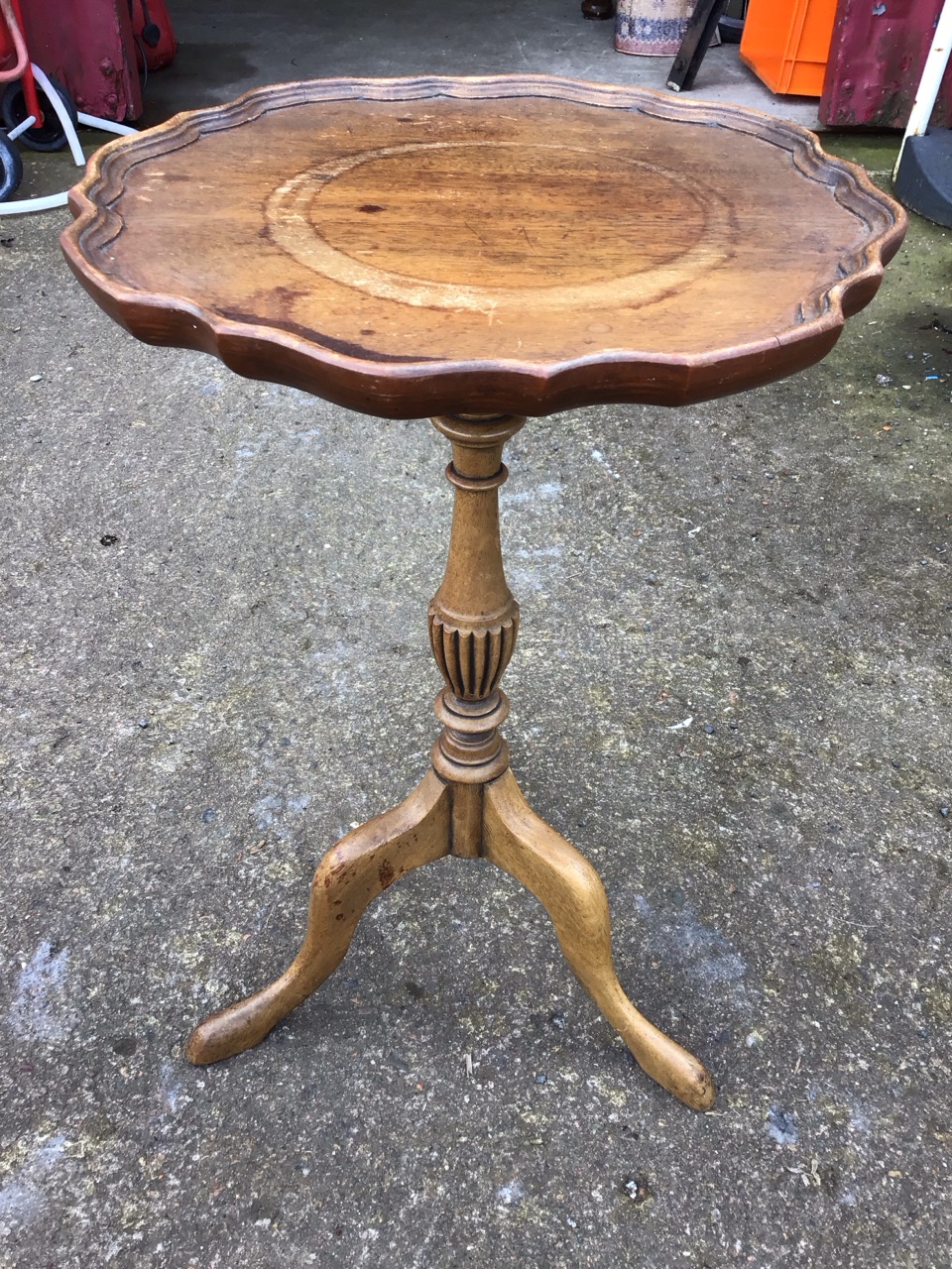 A pair of circular scalloped tray-top side tables supported on turned fluted columns with tripartite - Image 2 of 3