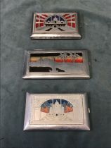 Three 40s Egyptian aluminium cigarette boxes, with pierced, painted and engraved decoration - one