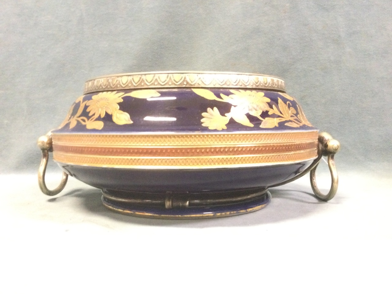 An Edwardian bowl with silver plated mounts and swing handles, decorated with floral gilt enamelling - Image 3 of 3