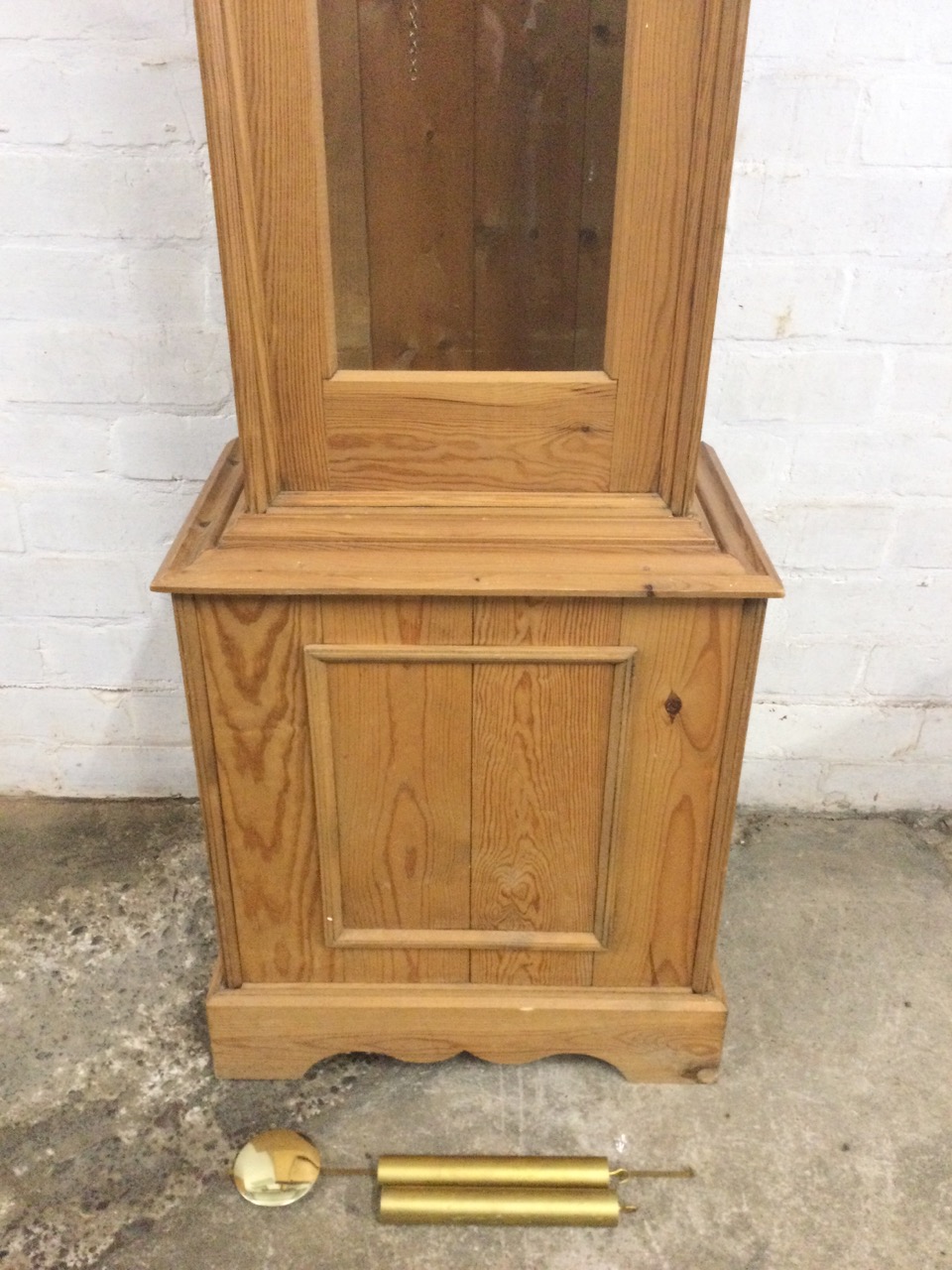 A Georgian style pine longcase clock with swan-neck pediment above glazed panel flanked by turned - Image 3 of 3