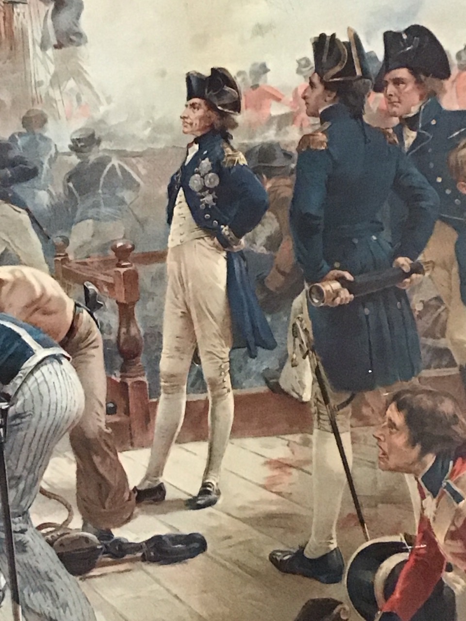 A Victorian chromolithograph after WH Overend, depicting Lord Nelson on deck in battle surrounded by - Image 3 of 3