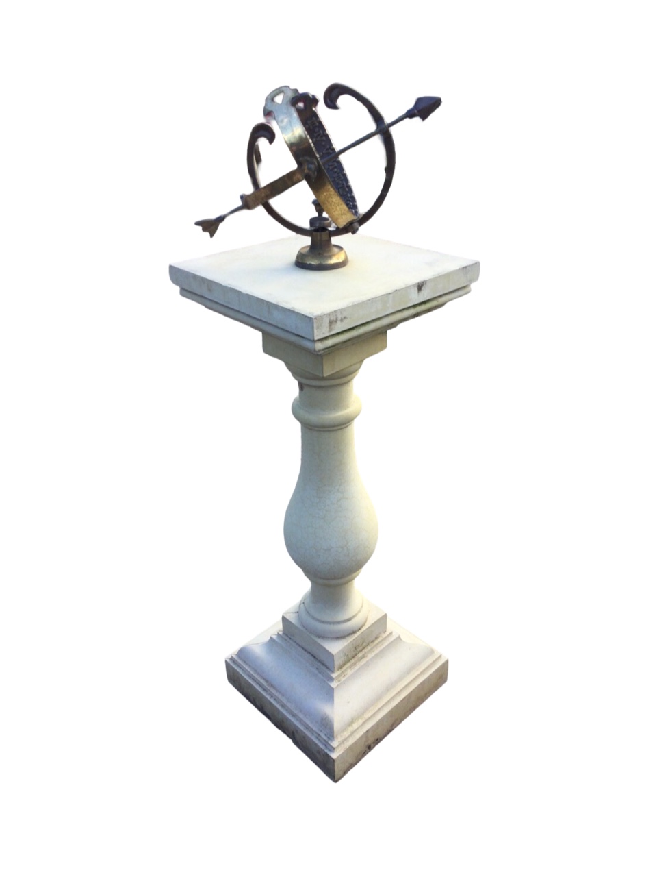A reproduction brass orrery sundial with armillary sphere on baluster shaped stone column on