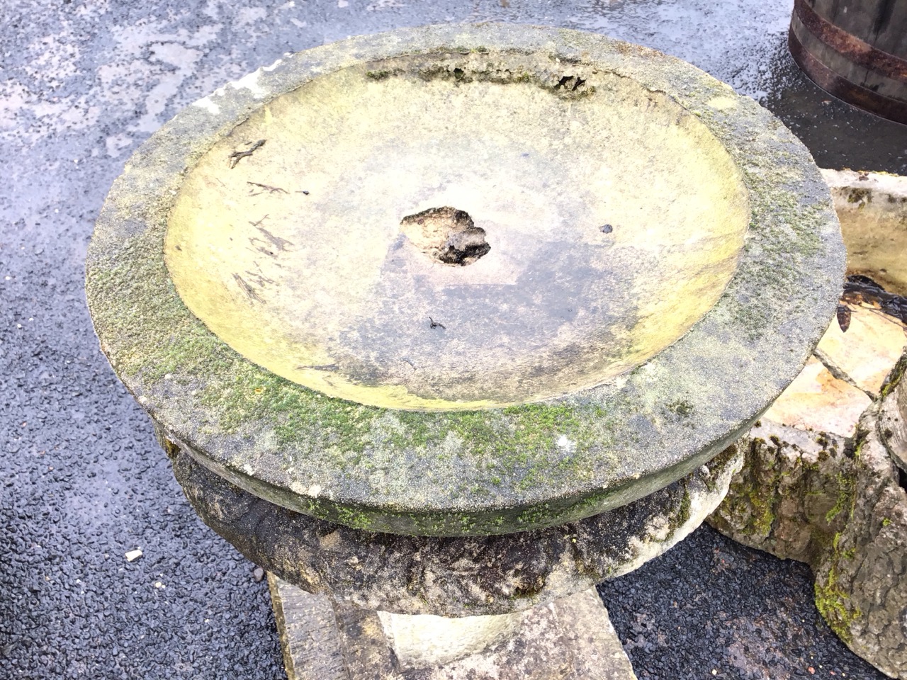 A composition stone birdbath with circular bowl on an associated panelled square tapering column - Image 2 of 3