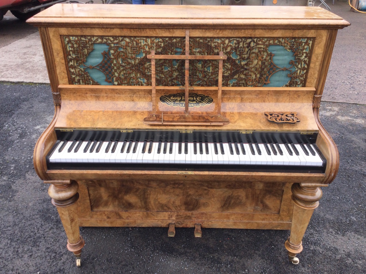 A Victorian walnut cased piano by George Rogers & Co, the working instrument with fine fretwork - Image 2 of 3