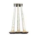 A set of three Victorian tapering cast iron columns with moulded ends and square plinths &