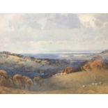 Frederick Tucker, C19th watercolour, extensive landscape with sheep in foreground, signed, in gilt &