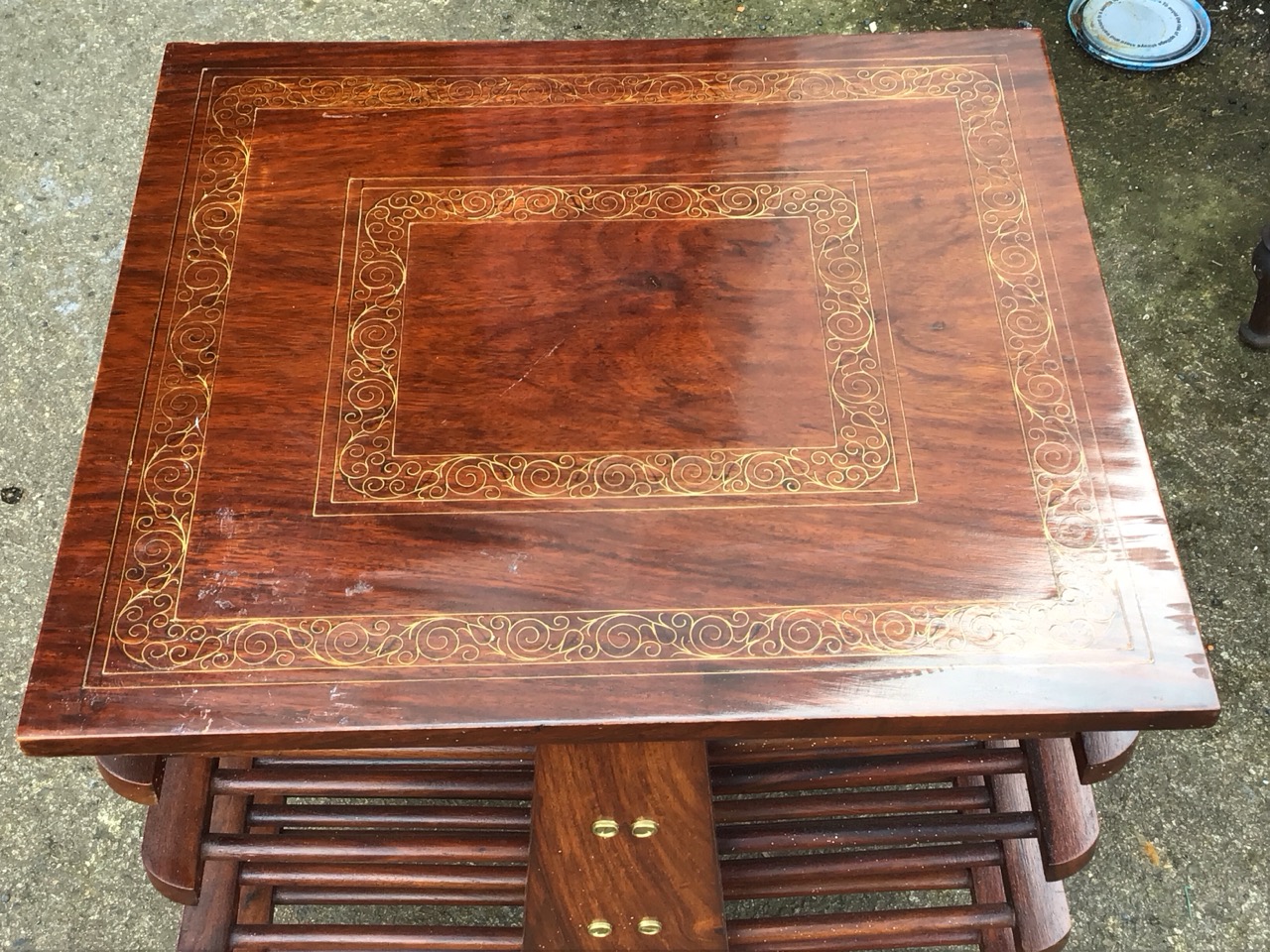 A rosewood coffee table, the top inlaid with two bands of scrolled brass stringing above spindled - Image 2 of 3