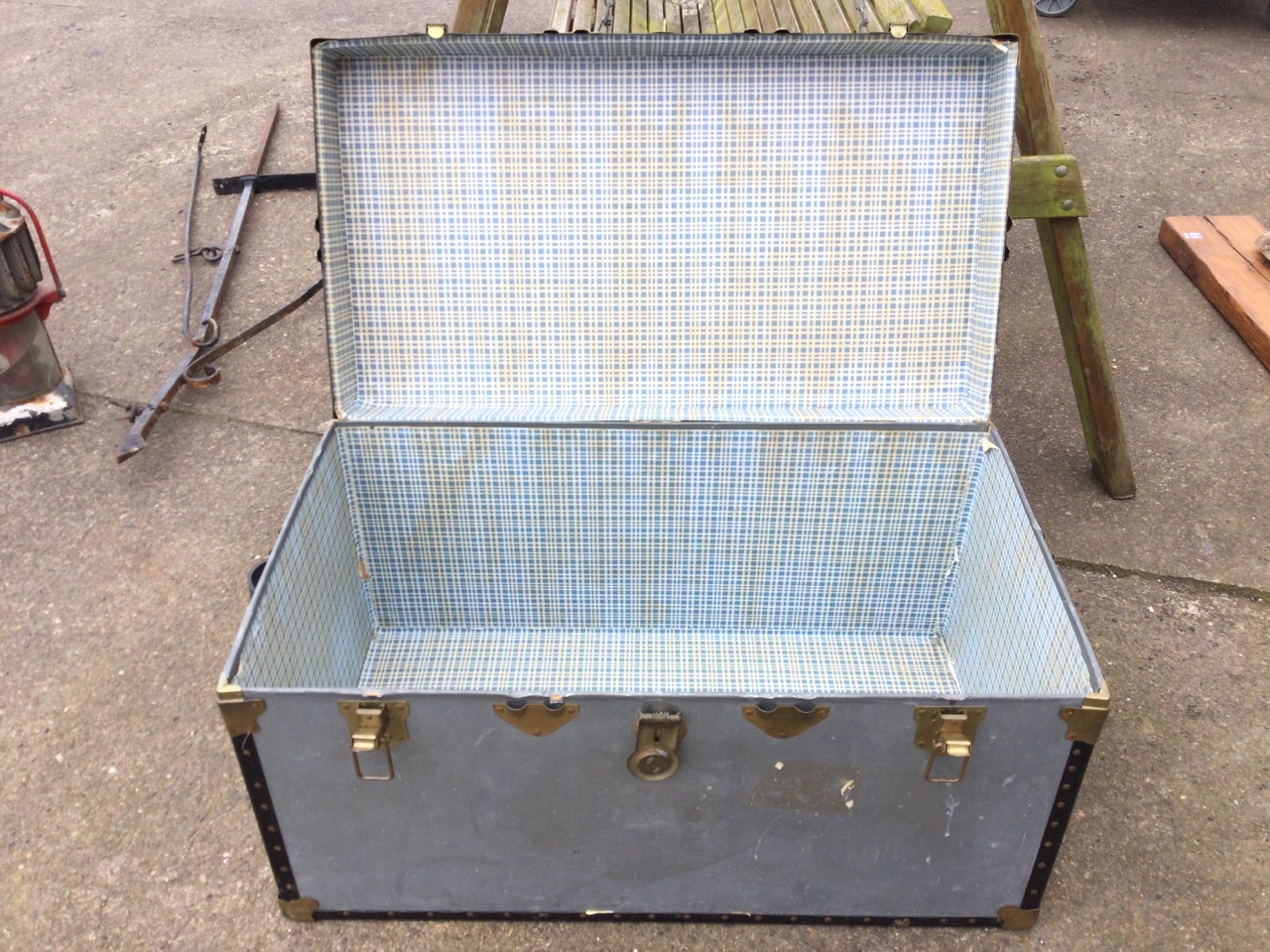 A rectangular galvanised style trunk with studded mounts and strap handles to ends, having tartan - Image 2 of 3