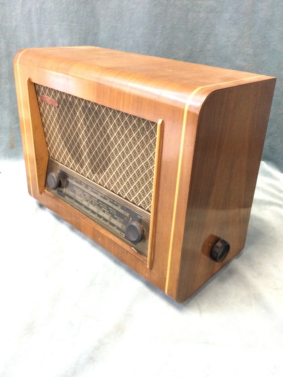 A 50s walnut cased Pye valve radio - model P75T with glass dial beneath fabric covered speaker, - Image 3 of 3