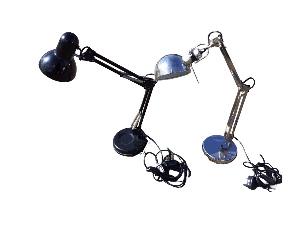Two contemporary anglepoise type desk lights with sprung arms supporting spotlamp shades, on