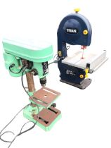 A Titan electric band saw on stand with adjustable cutting platform; and a Power Gplus 350w bench