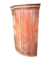 A Georgian mahogany bowfronted hanging corner cabinet with dentil inlaid cornice above a pair of