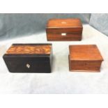 A Victorian ebony tea caddy with floral marquetry top; a rectangular C19th rosewood box with