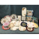 Miscellaneous sandwich plates, collectors plates, a two-tier cakestand, floral, pairs, etc; and a