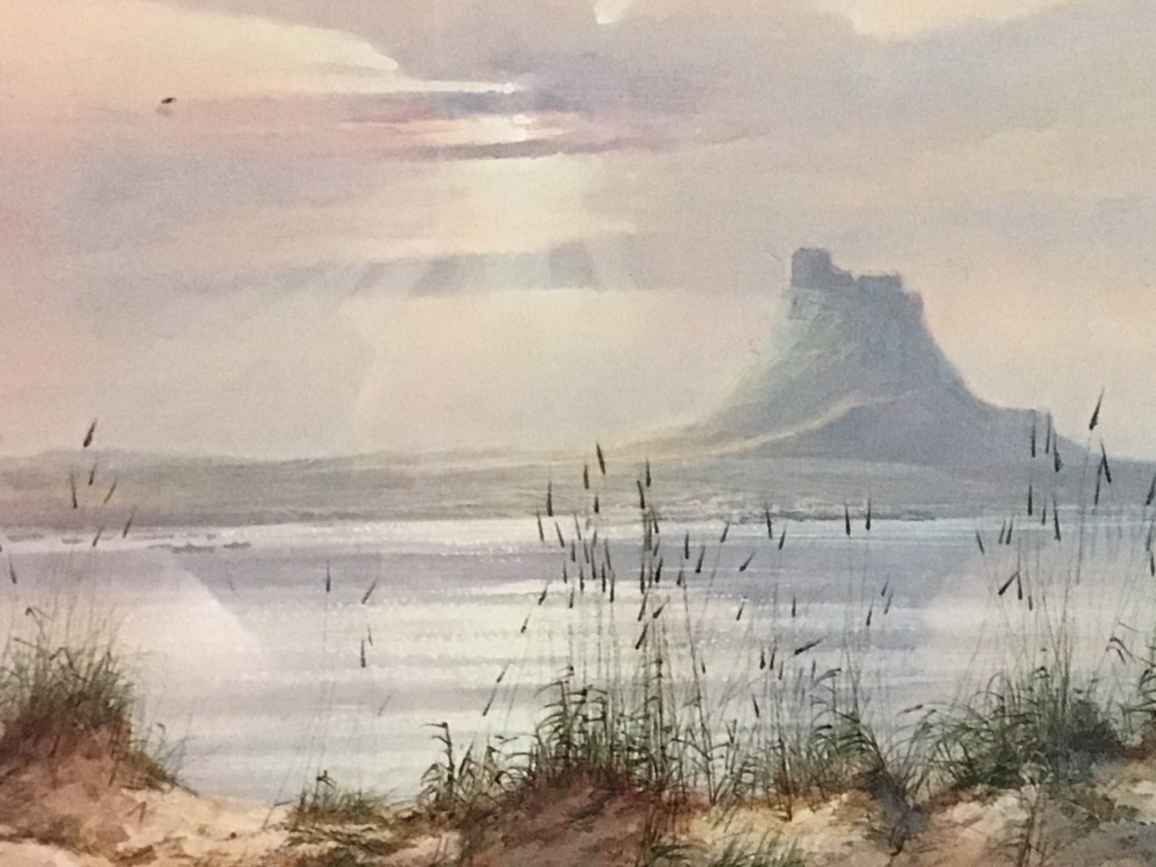 JD Lindsay, a pair of lithographic prints depicting Lindisfarne & Bamburgh castle, mounted and - Image 3 of 3