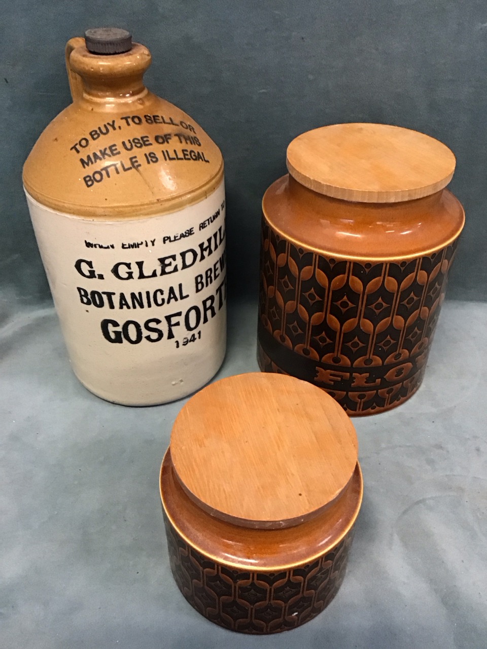 Two 60s Hornsea storage jars with wood covers; a salt glazed stoneware stoppered bottle for G - Image 3 of 3