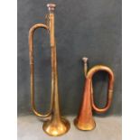 A brass valveless trumpet - 19.25in; and a copper & brass bugle - 12in. (2)