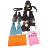 Miscellaneous diving equipment including a Namron scuba tank harness, a floater board, a pair of