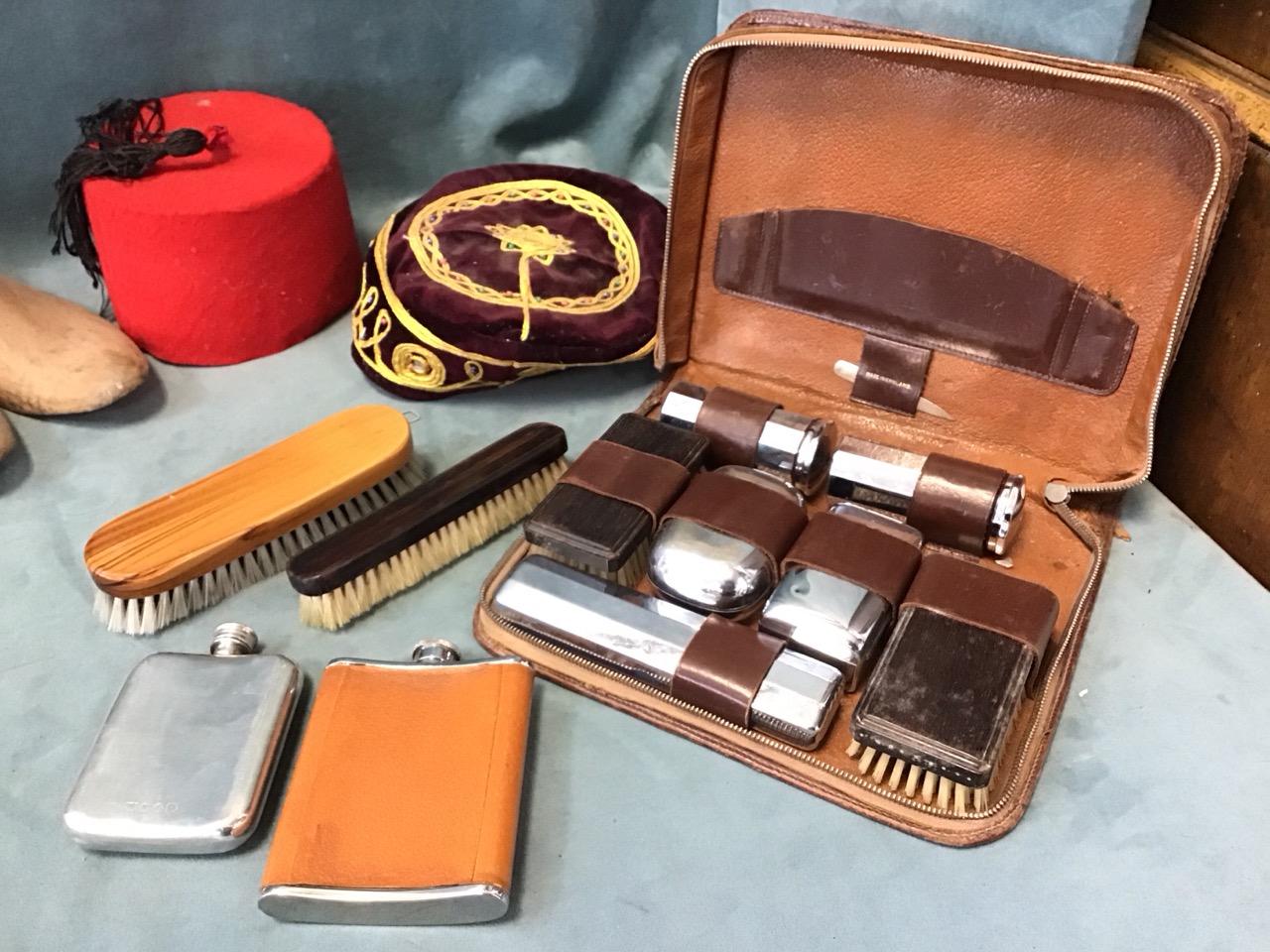 Gentlemans accessories - a leather toilet case with containers & pair of rosewood hairbrushes, - Image 2 of 3