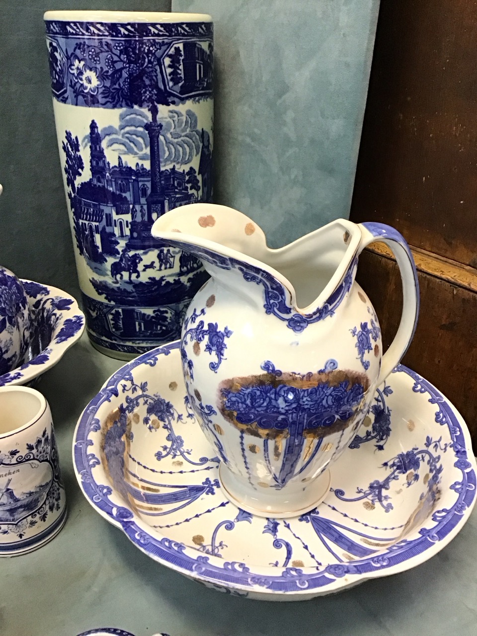 A collection of blue & white ceramics - three jug & basin sets, a Maling willow pattern trough, a - Image 2 of 3