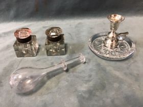 A cut glass and hallmarked silver chamberstick by Laurence R Watson & Co - Birmingham 1994; a
