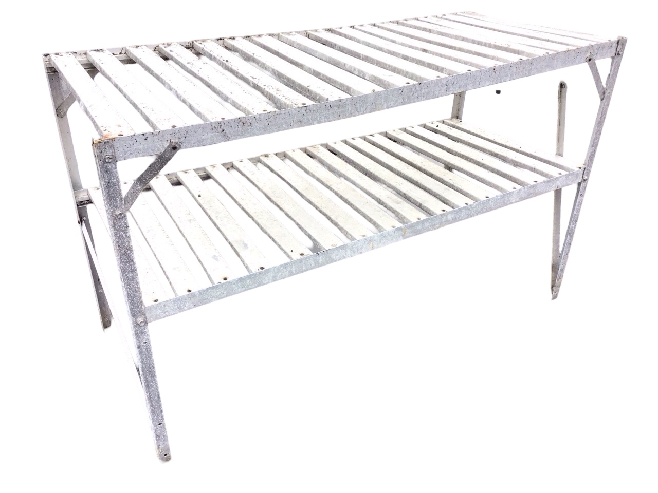 A rectangular aluminium plant table with two slatted shelves on angleiron type supports. (47.5in x
