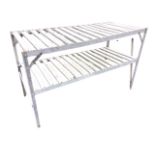 A rectangular aluminium plant table with two slatted shelves on angleiron type supports. (47.5in x